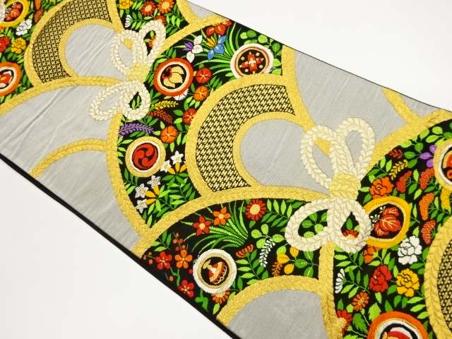 青海波に結び紐・宝づくし・草花模様織出し袋帯